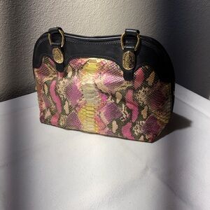 Marino Orlandi Black Top-Handle Bag with Pink & Yellow Snake-Print Panels